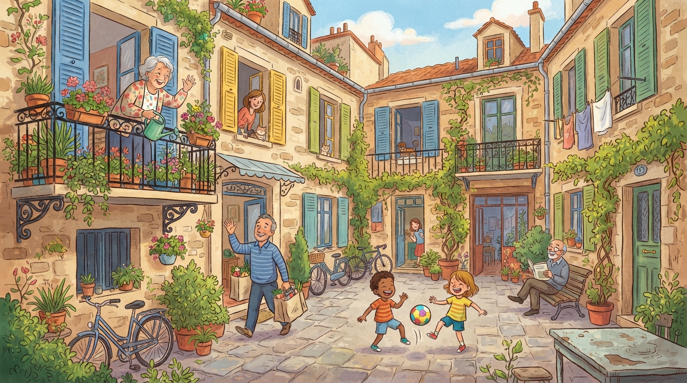 Une cour d'immeuble animée : des voisins de tous âges se saluent depuis leurs balcons fleuris pendant que deux enfants jouent au ballon